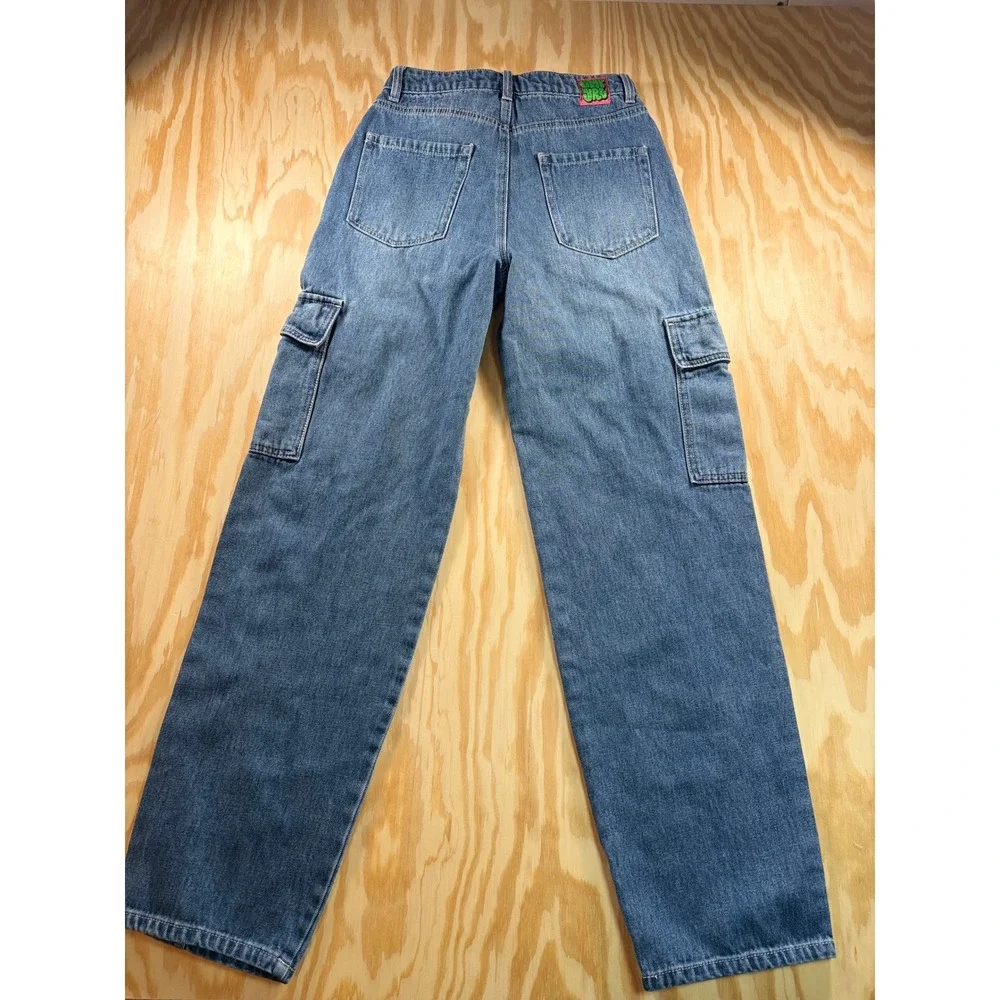 Empyre Womens Y2K Cargo‎ Jeans Medium Wash Blue Wide Leg Embroidered Size 0